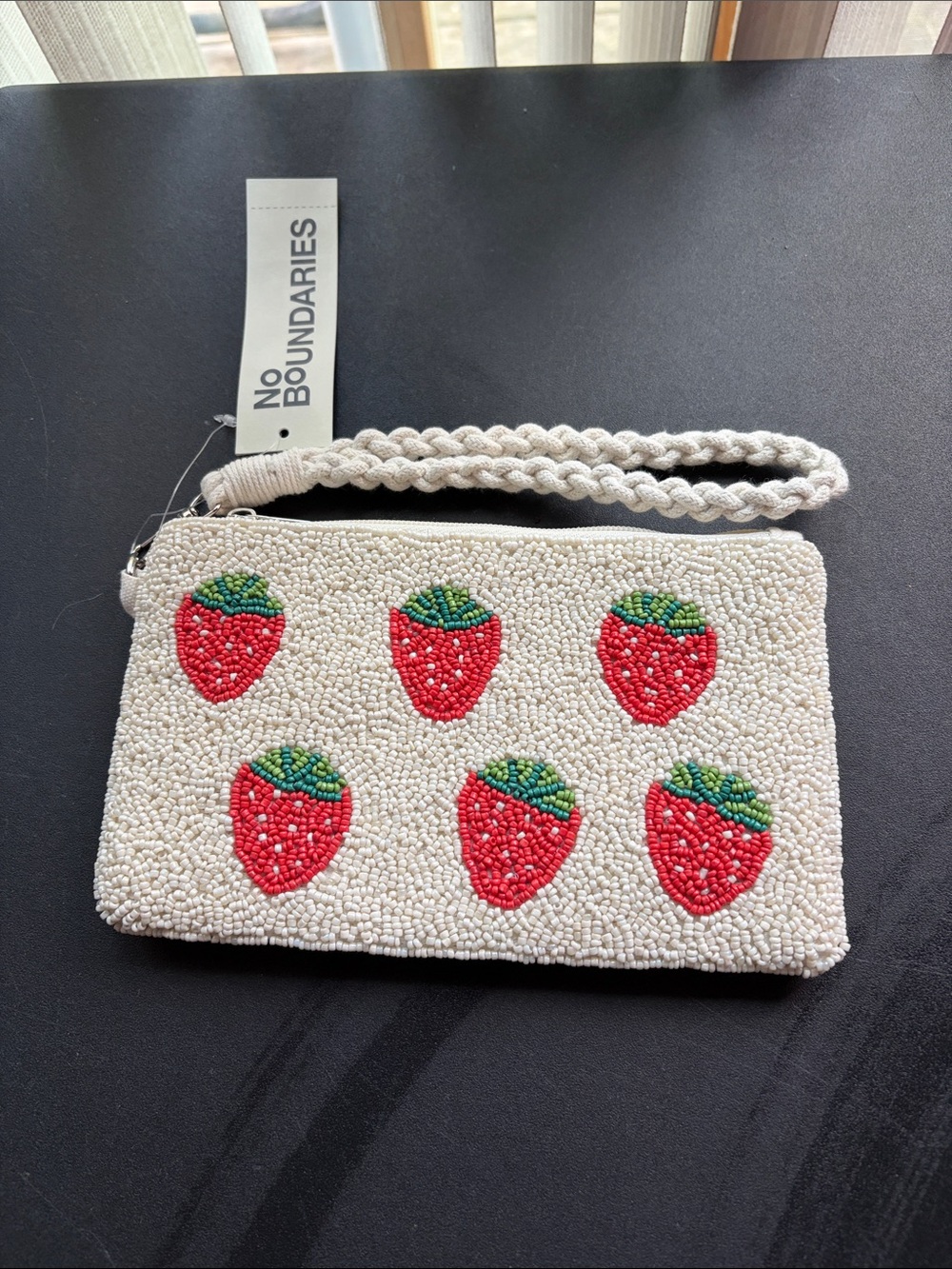 No Boundaries Cream Beaded Wristlet with Red Strawberry Accents
